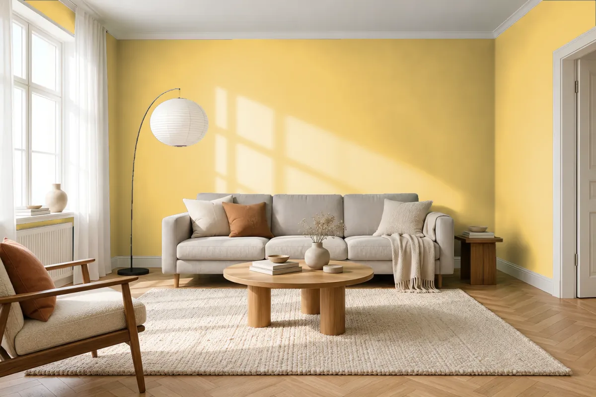 Краска Little Greene LG 335 Indian Yellow — гостиная в скандинавском стиле