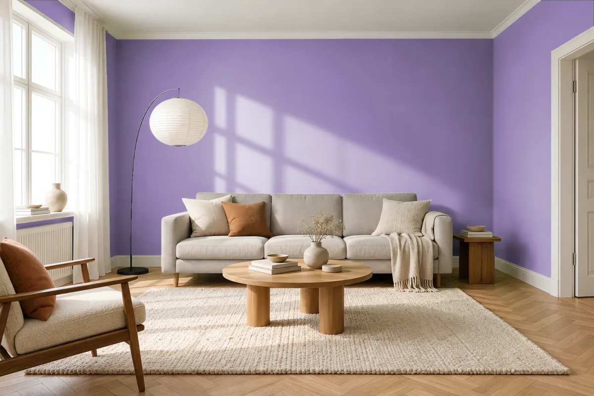 Краска PANTONE 17-3617 English Lavender — гостиная в скандинавском стиле