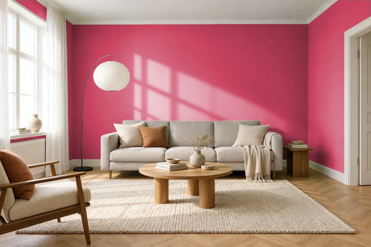 Краска PANTONE 18-1754 Raspberry — гостиная в скандинавском стиле
