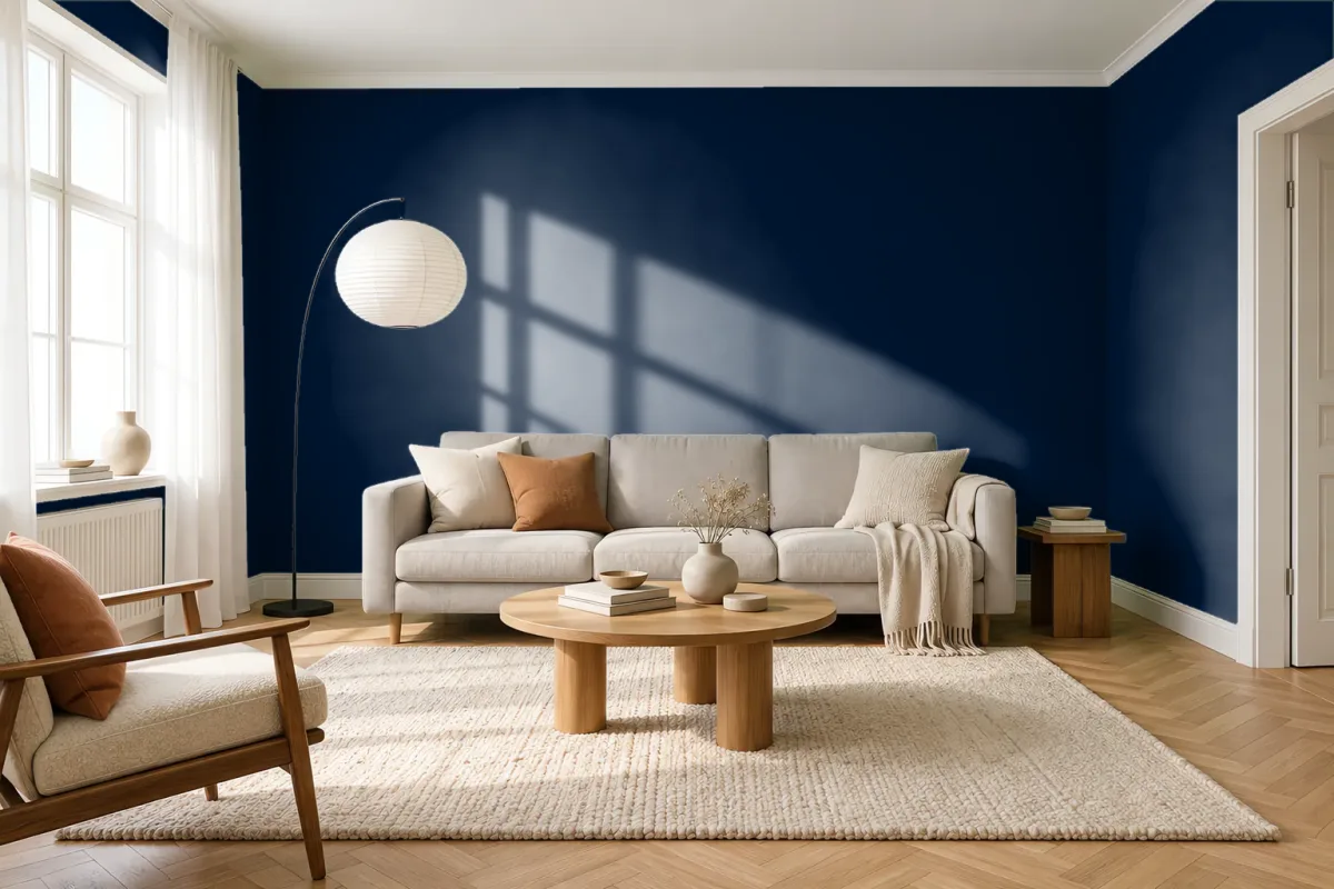 Краска PANTONE 19-4020 Dark Sapphire — гостиная в скандинавском стиле