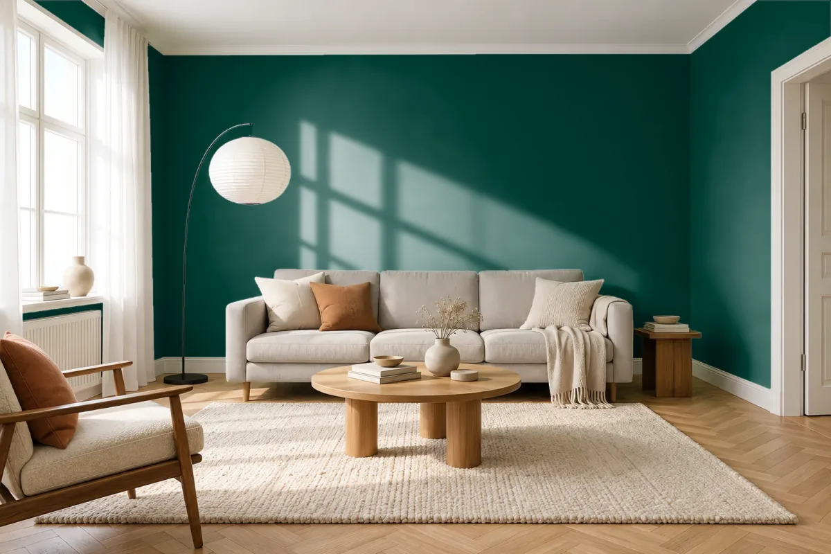 Краска PANTONE 19-5220 Botanical Garden — гостиная в скандинавском стиле