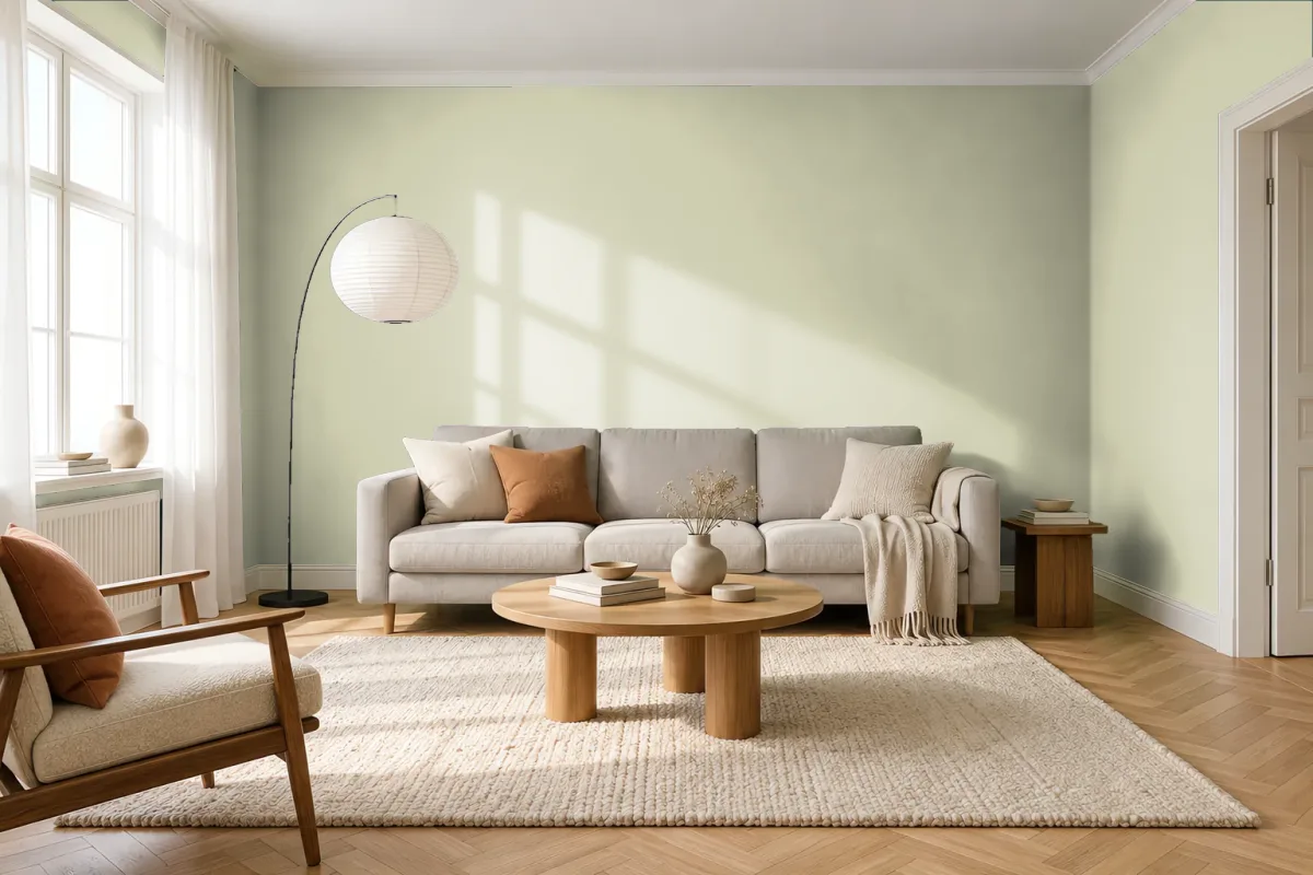 Краска PANTONE 13-0608 Aloe Wash — гостиная в скандинавском стиле