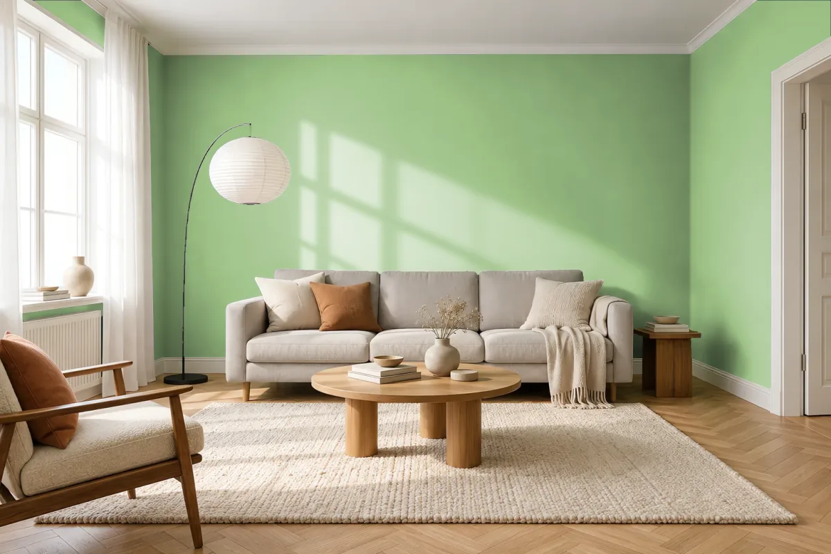 Краска PANTONE 14-0123 Arcadian Green — гостиная в скандинавском стиле