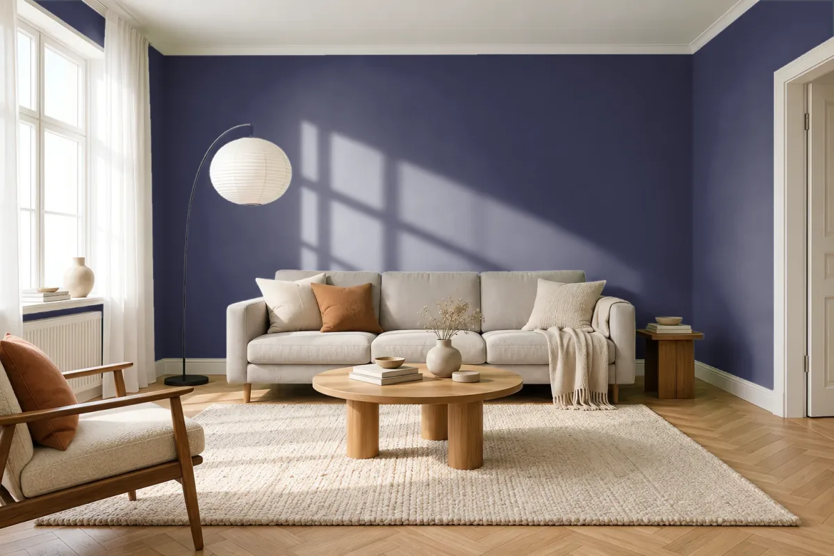 Краска PANTONE 19-3830 Astral Aura — гостиная в скандинавском стиле
