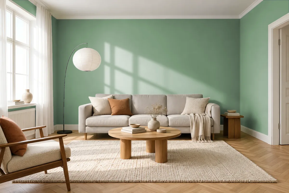 Краска PANTONE 16-6216 Basil — гостиная в скандинавском стиле