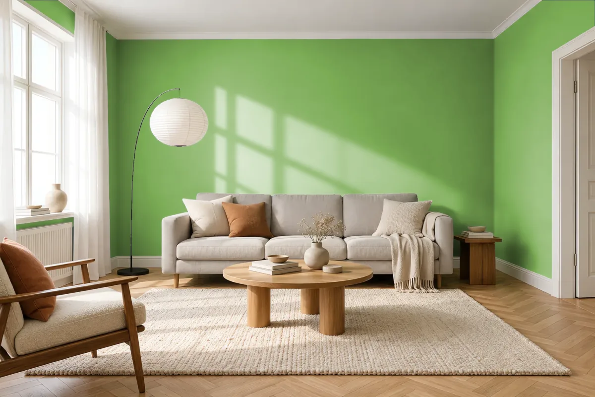 Краска PANTONE 15-6442 Bud Green — гостиная в скандинавском стиле