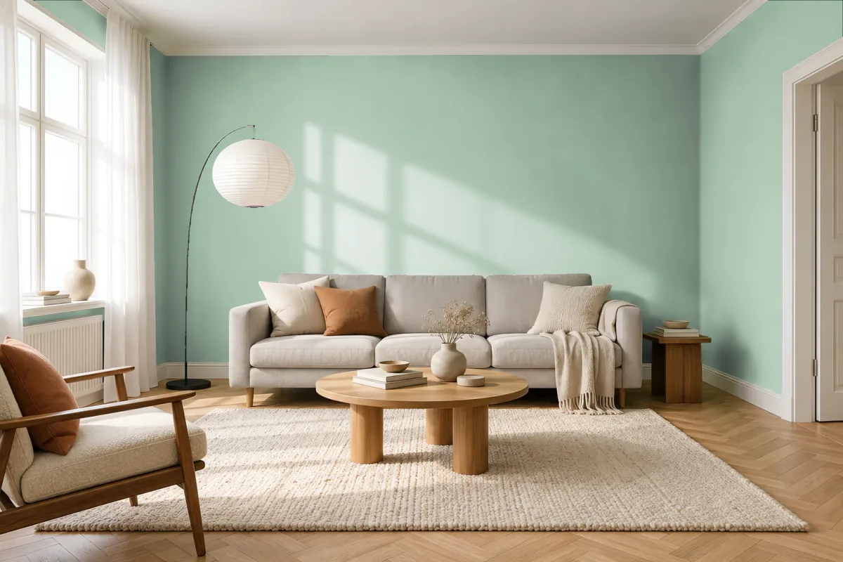 Краска PANTONE 14-6312 Cameo Green — гостиная в скандинавском стиле