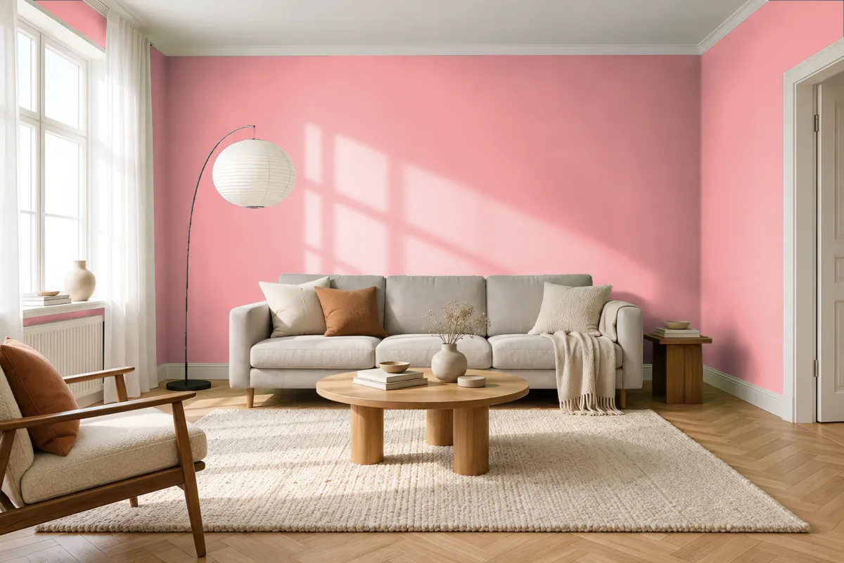 Краска PANTONE 15-1621 Candlelight Peach — гостиная в скандинавском стиле