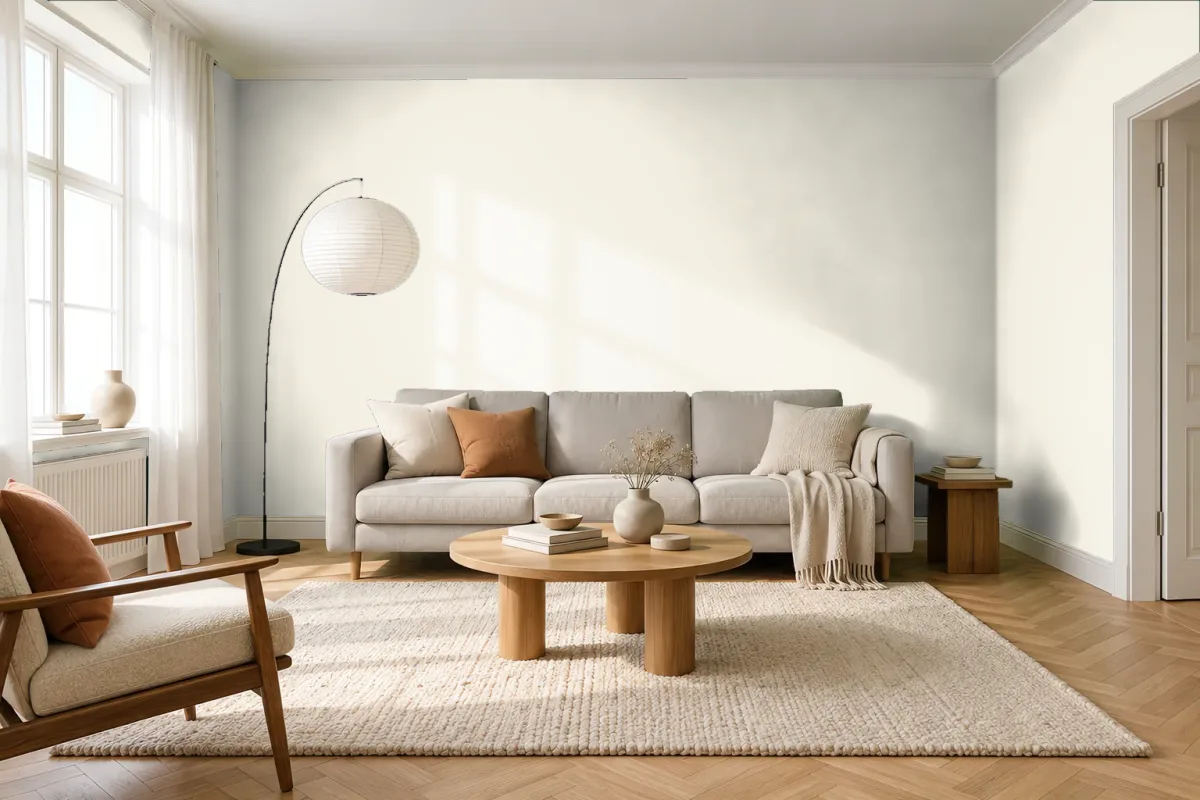 Краска PANTONE 11-4302 Cannoli Cream — гостиная в скандинавском стиле
