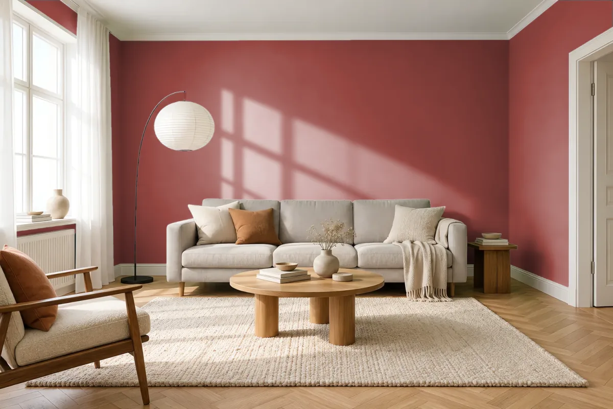 Краска PANTONE 18-1440 Chili Oil — гостиная в скандинавском стиле