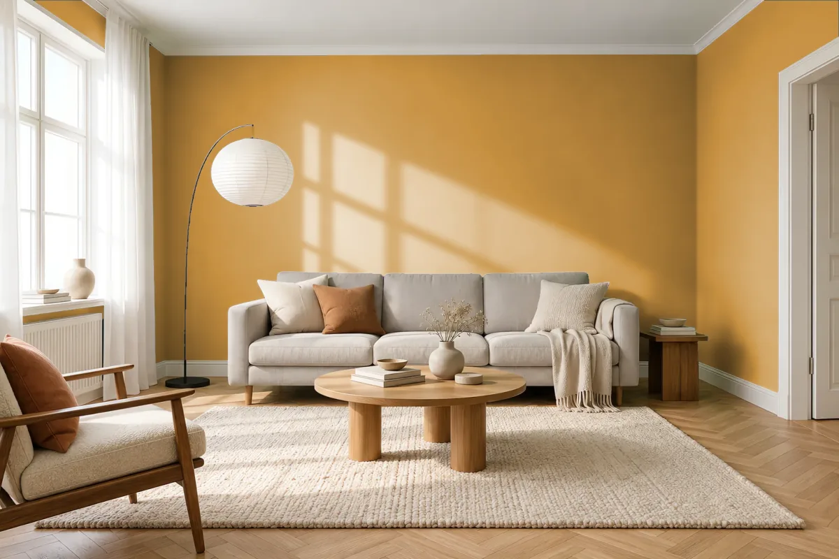 Краска PANTONE 15-0948 Golden Spice — гостиная в скандинавском стиле