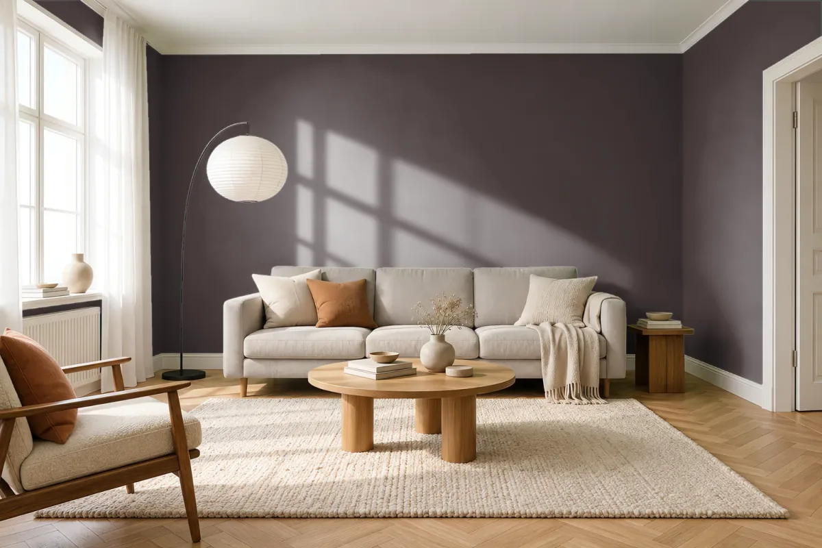 Краска PANTONE 19-1110 Chocolate Plum — гостиная в скандинавском стиле