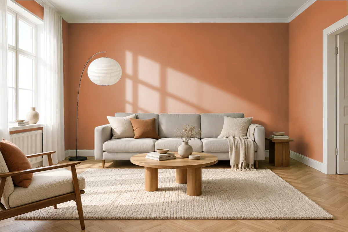 Краска PANTONE 16-1325 Copper — гостиная в скандинавском стиле
