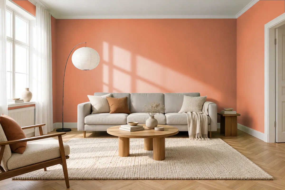 Краска PANTONE 16-1337 Coral Gold — гостиная в скандинавском стиле