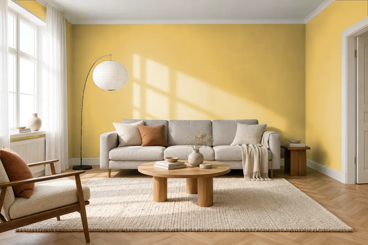 Краска PANTONE 13-0739 Cream Gold — гостиная в скандинавском стиле