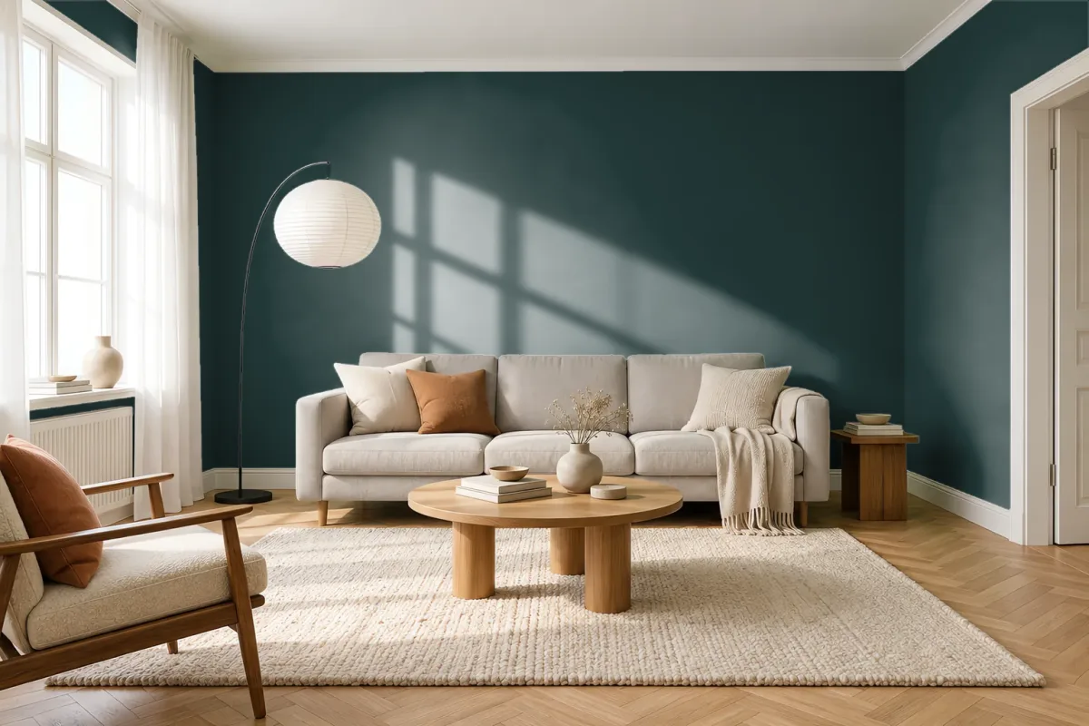 Краска PANTONE 19-5212 Darkest Spruce — гостиная в скандинавском стиле