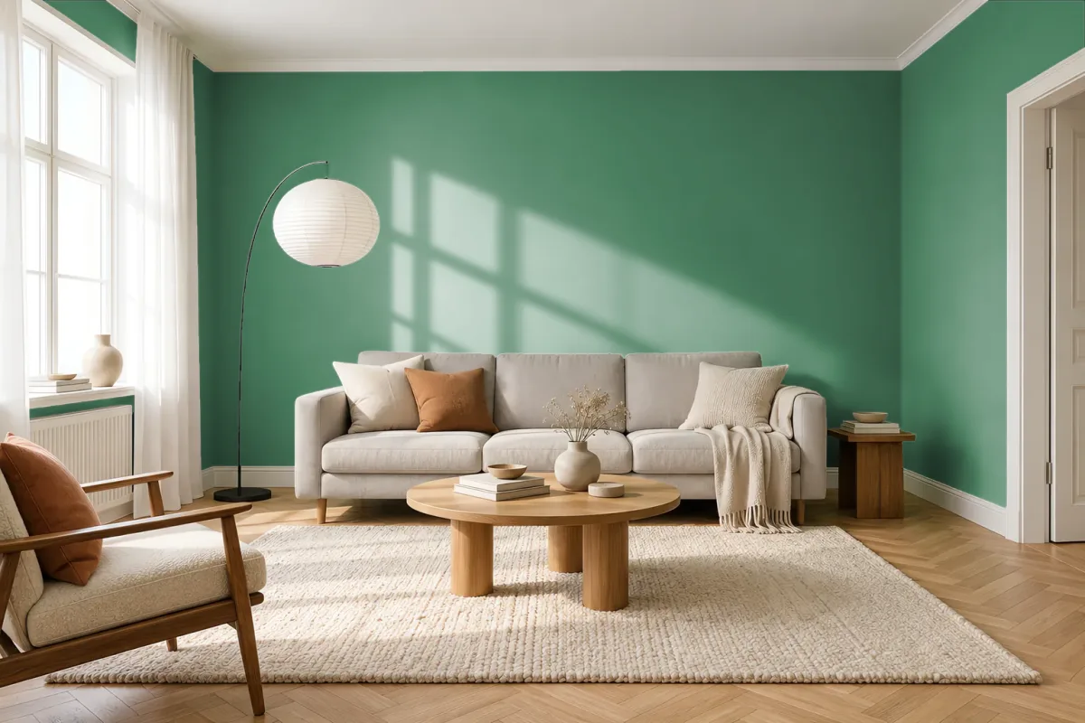 Краска PANTONE 17-6219 Deep Grass Green — гостиная в скандинавском стиле