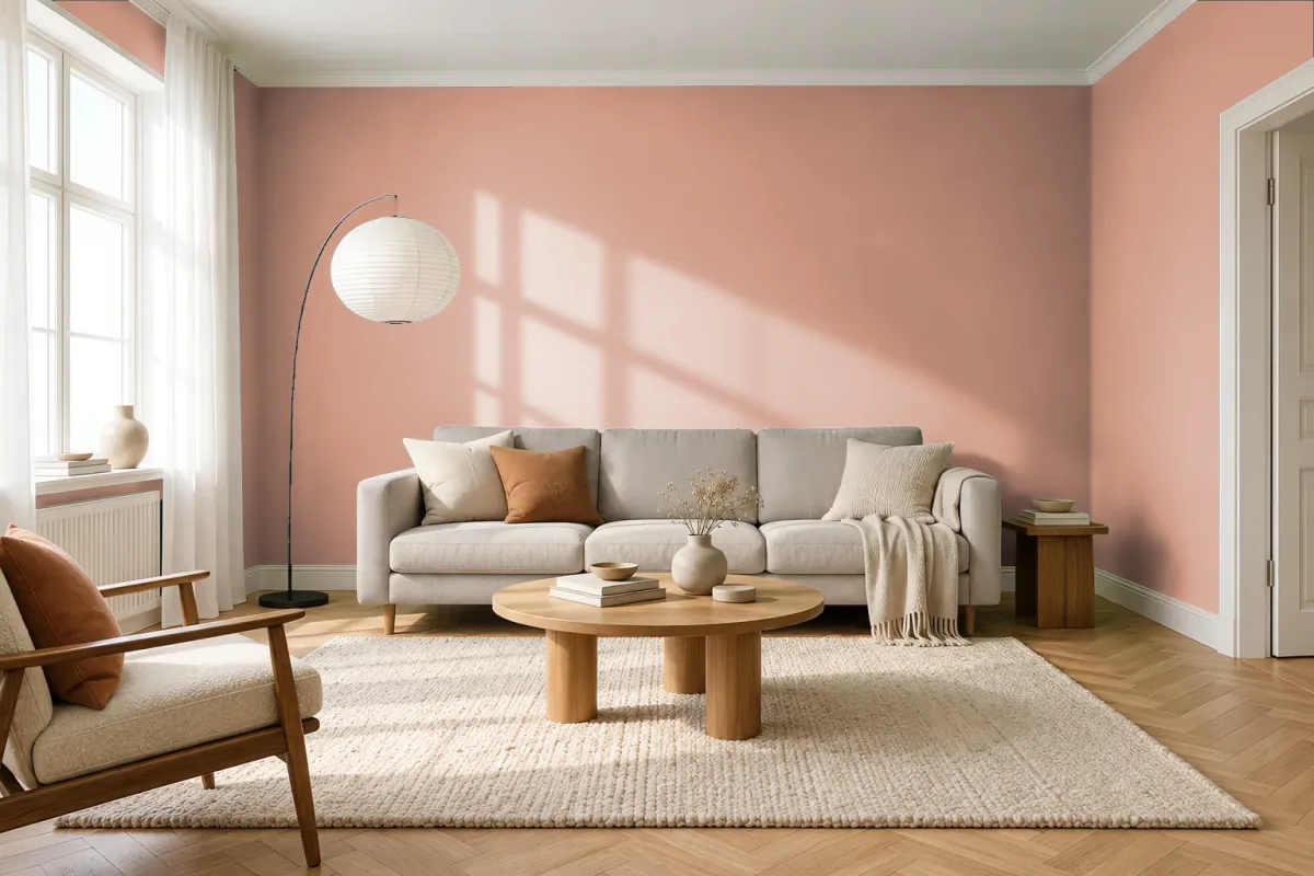 Краска PANTONE 15-1322 Dusty Coral — гостиная в скандинавском стиле