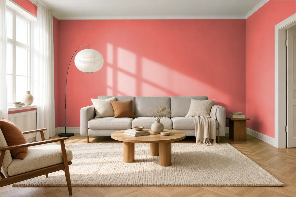 Краска PANTONE 17-1547 Emberglow — гостиная в скандинавском стиле