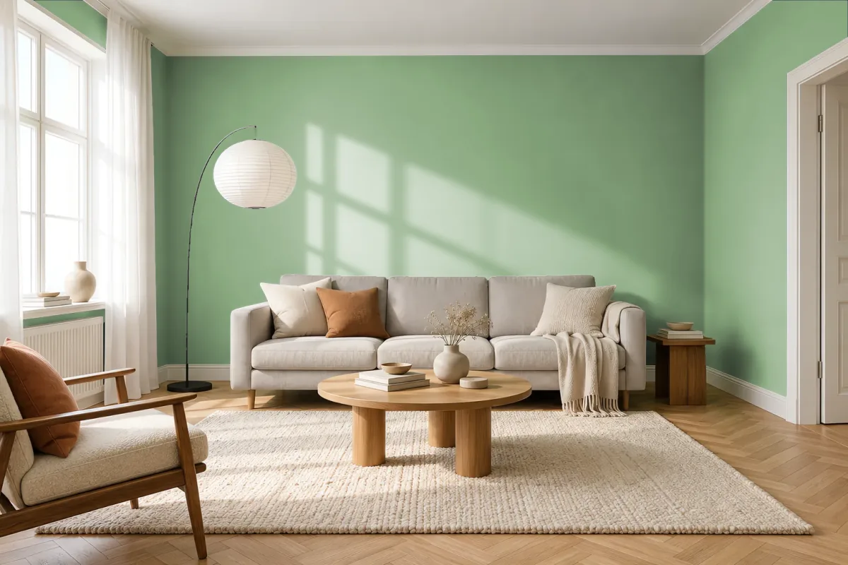 Краска PANTONE 15-6316 Fair Green — гостиная в скандинавском стиле