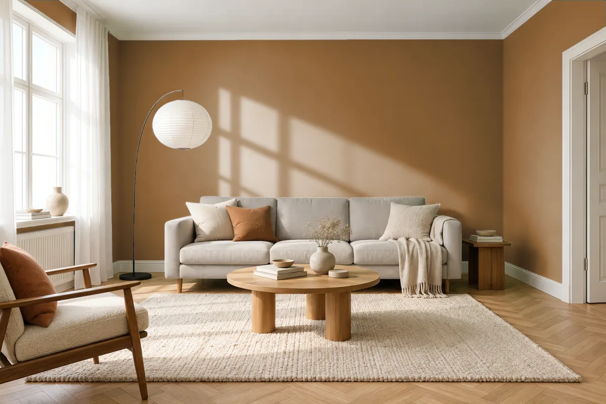 Краска PANTONE 18-0940 Golden Brown — гостиная в скандинавском стиле