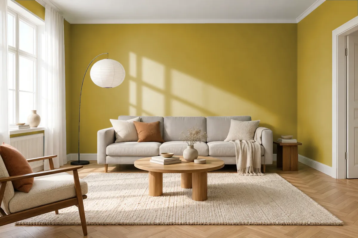 Краска PANTONE 16-0639 Golden Olive — гостиная в скандинавском стиле