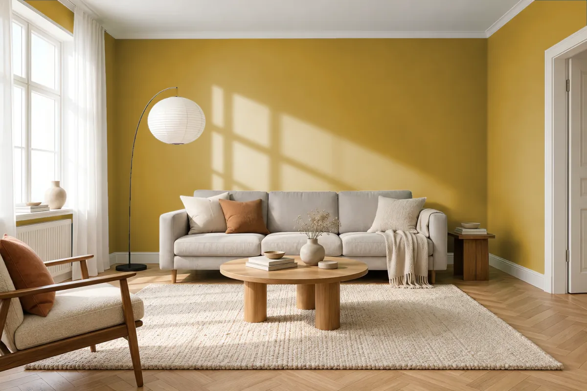 Краска PANTONE 17-0839 Golden Palm — гостиная в скандинавском стиле