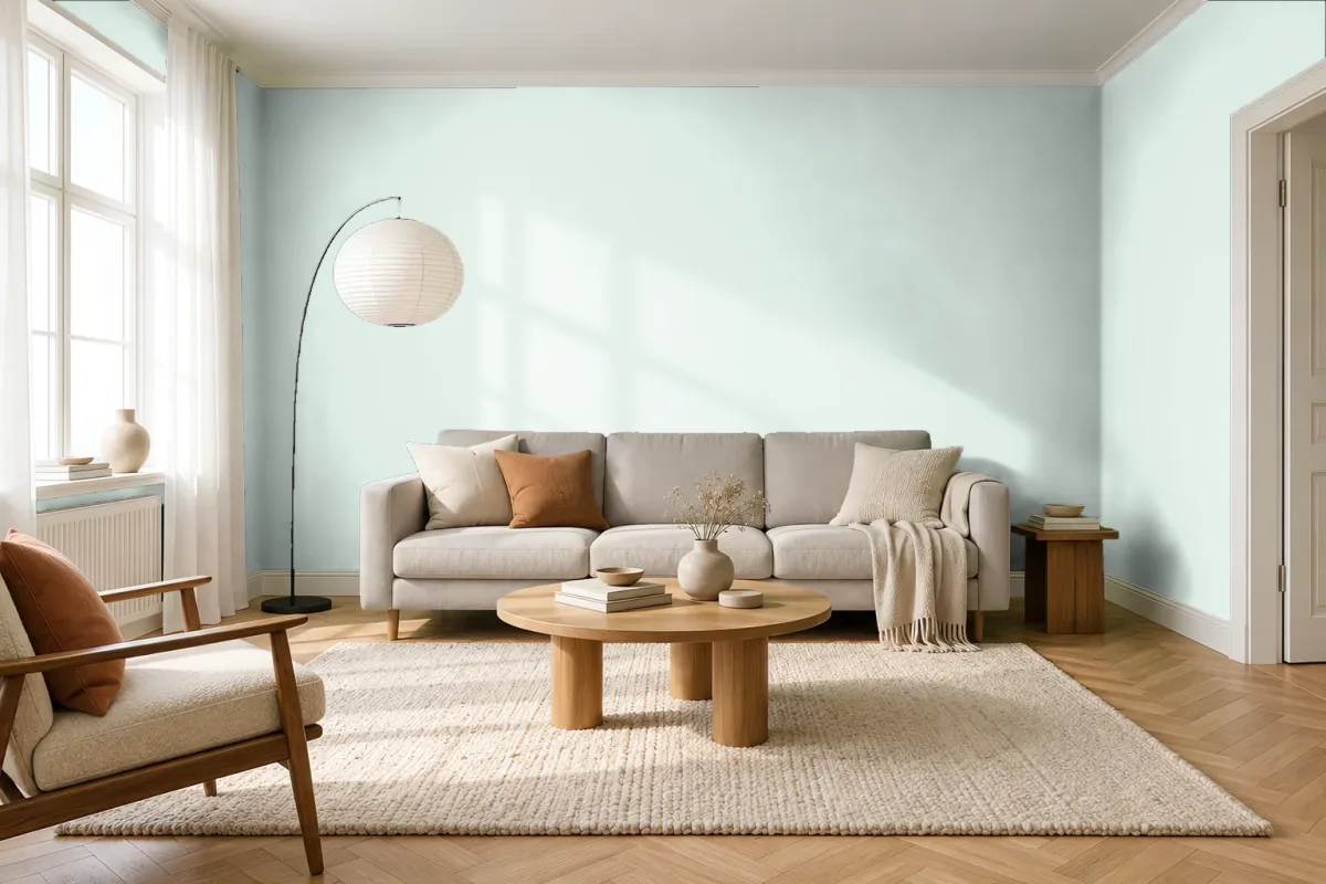 Краска PANTONE 11-4805 Hint of Mint — гостиная в скандинавском стиле