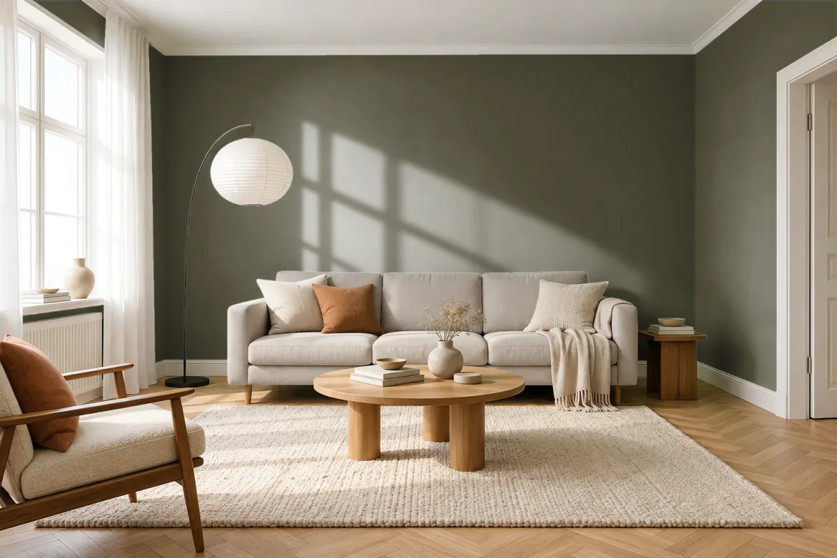 Краска PANTONE 19-0512 Ivy Green — гостиная в скандинавском стиле