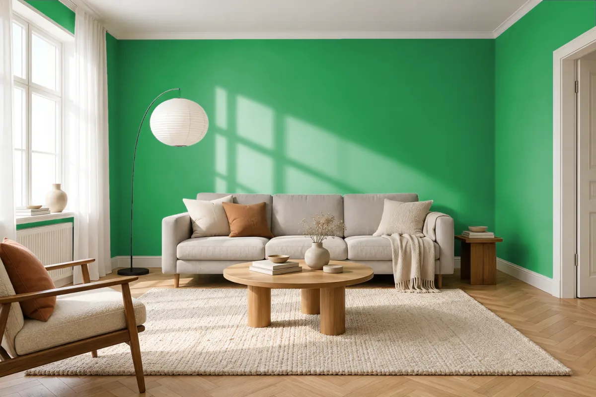 Краска PANTONE 16-6138 Kelly Green — гостиная в скандинавском стиле
