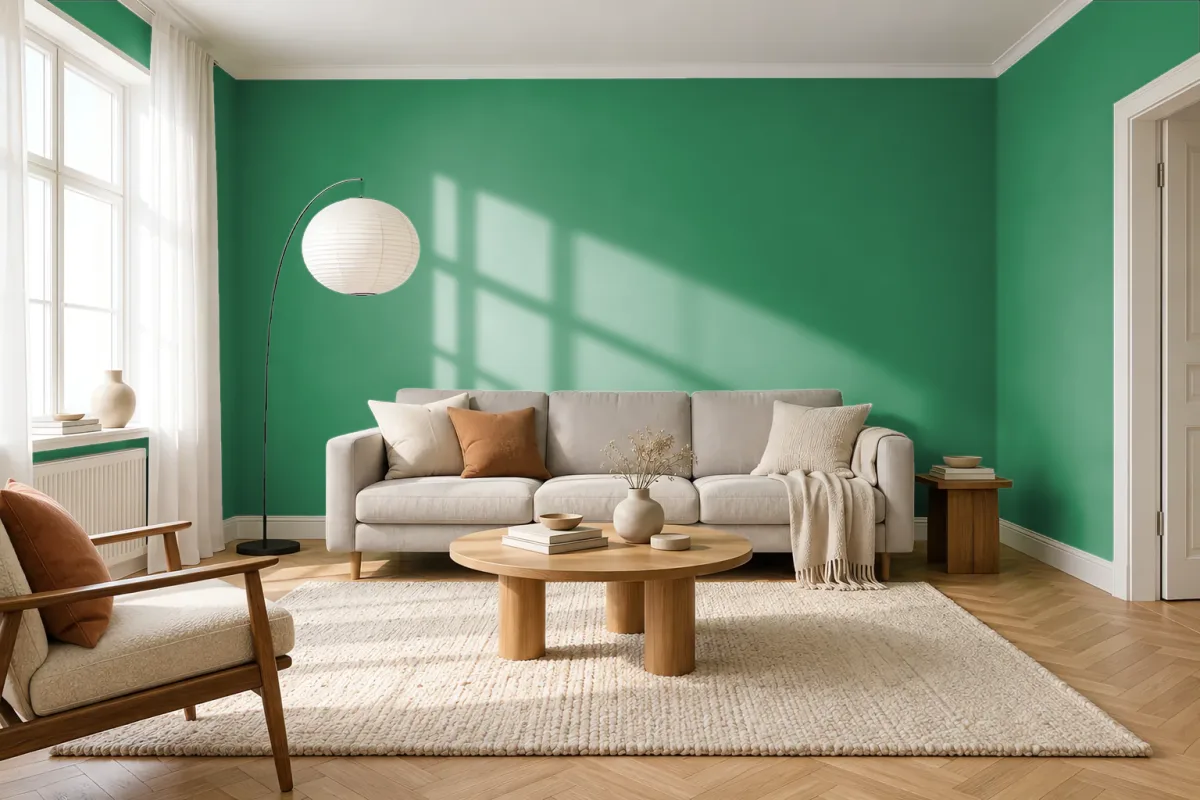 Краска PANTONE 18-6022 Leprechaun — гостиная в скандинавском стиле