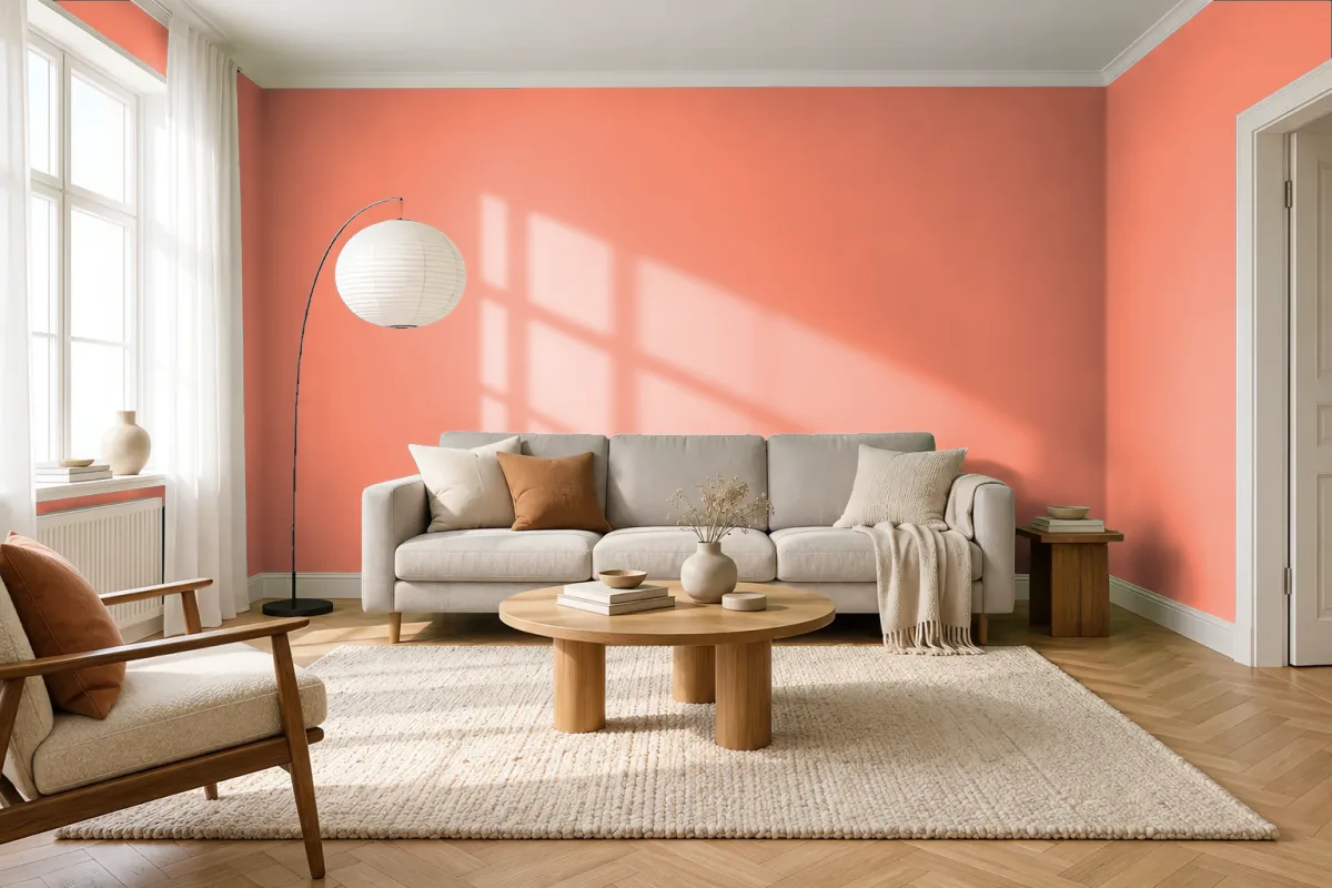 Краска PANTONE 16-1442 Melon — гостиная в скандинавском стиле