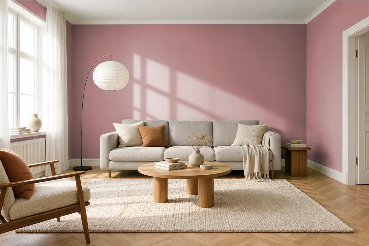 Краска PANTONE 17-1518 Old Rose — гостиная в скандинавском стиле