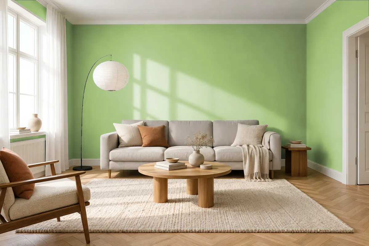 Краска PANTONE 14-0226 Opaline Green — гостиная в скандинавском стиле