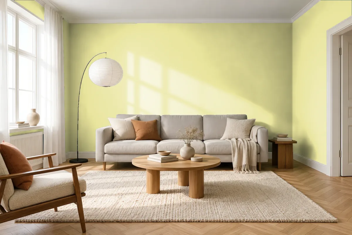 Краска PANTONE 12-0520 Pale Lime Yellow — гостиная в скандинавском стиле