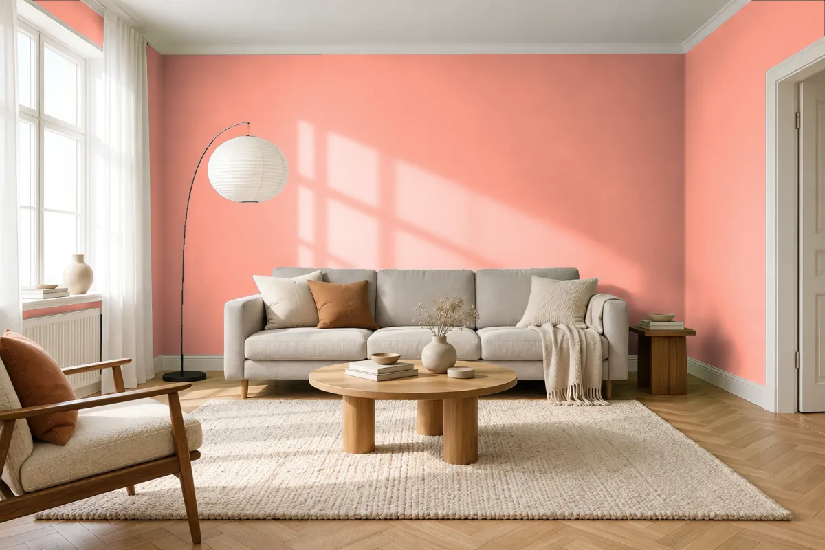 Краска PANTONE 15-1433 Papaya Punch — гостиная в скандинавском стиле