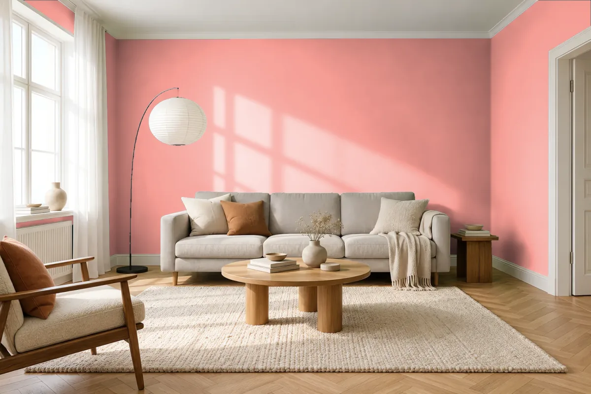 Краска PANTONE 15-1423 Peach Amber — гостиная в скандинавском стиле