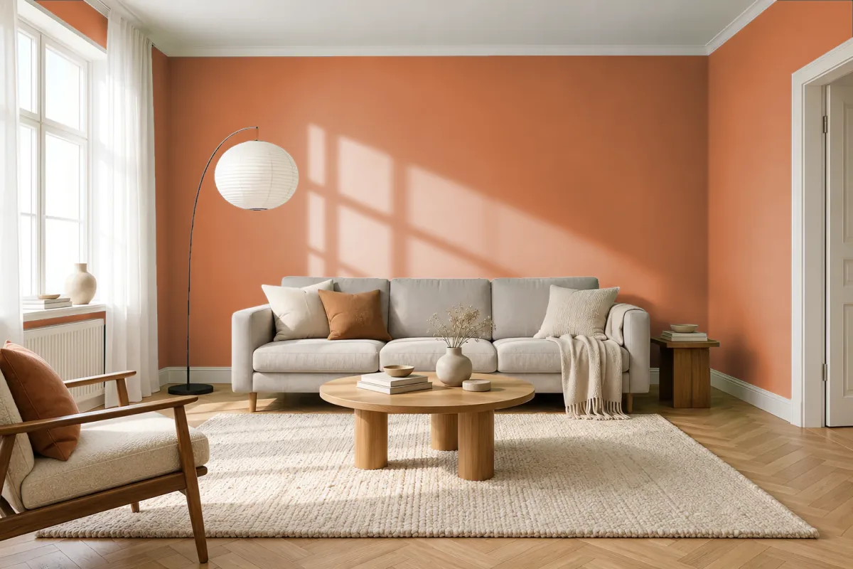 Краска PANTONE 16-1347 Peach Caramel — гостиная в скандинавском стиле