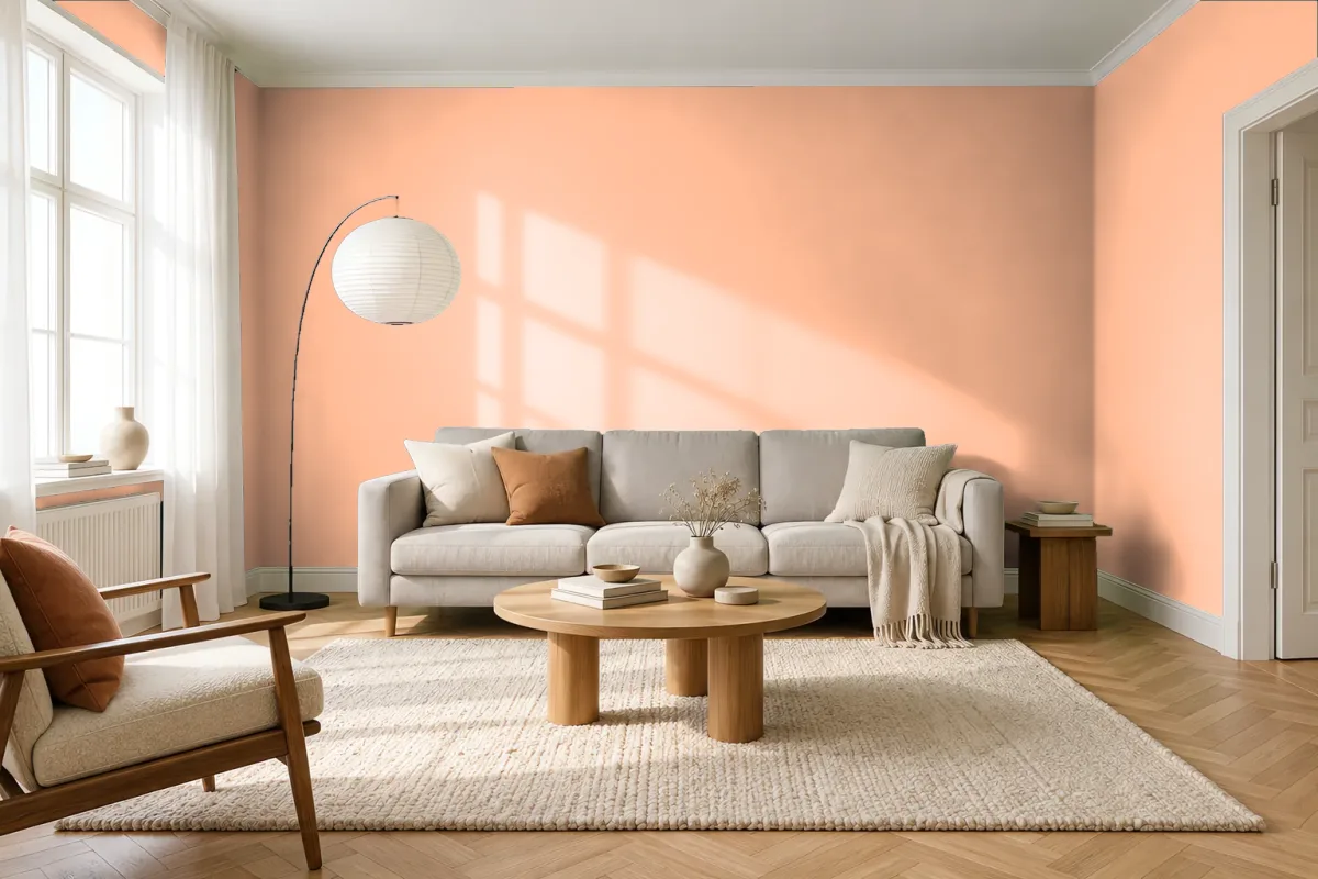 Краска PANTONE 13-1023 Peach Fuzz — гостиная в скандинавском стиле