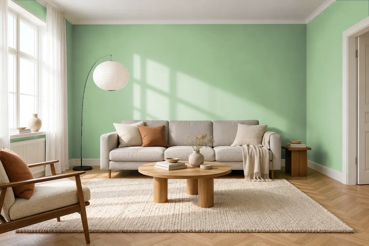 Краска PANTONE 15-6317 Quiet Green — гостиная в скандинавском стиле