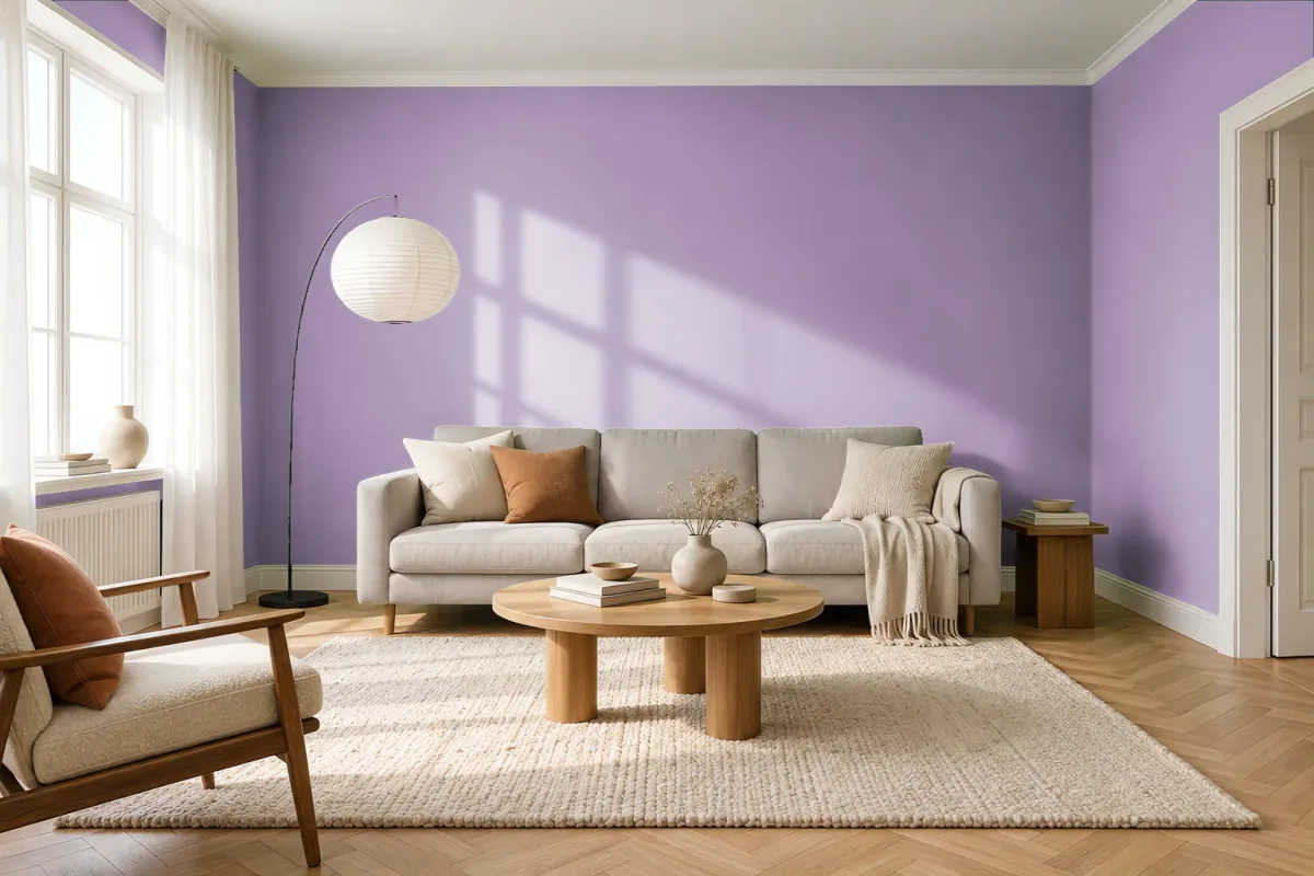 Краска PANTONE 16-3525 Regal Orchid — гостиная в скандинавском стиле