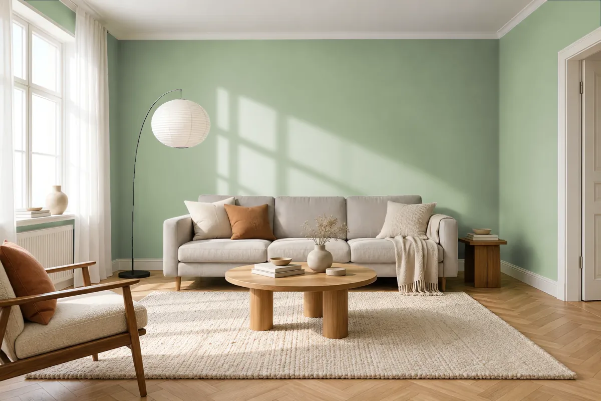 Краска PANTONE 15-6414 Reseda — гостиная в скандинавском стиле