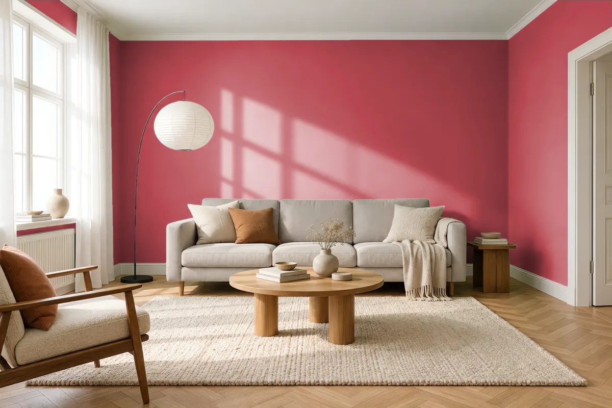 Краска PANTONE 18-1652 Rococco Red — гостиная в скандинавском стиле