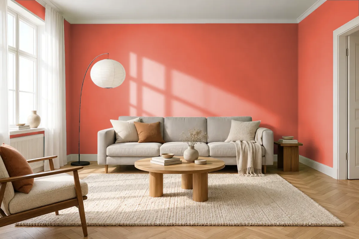 Краска PANTONE 17-1456 Tigerlily — гостиная в скандинавском стиле