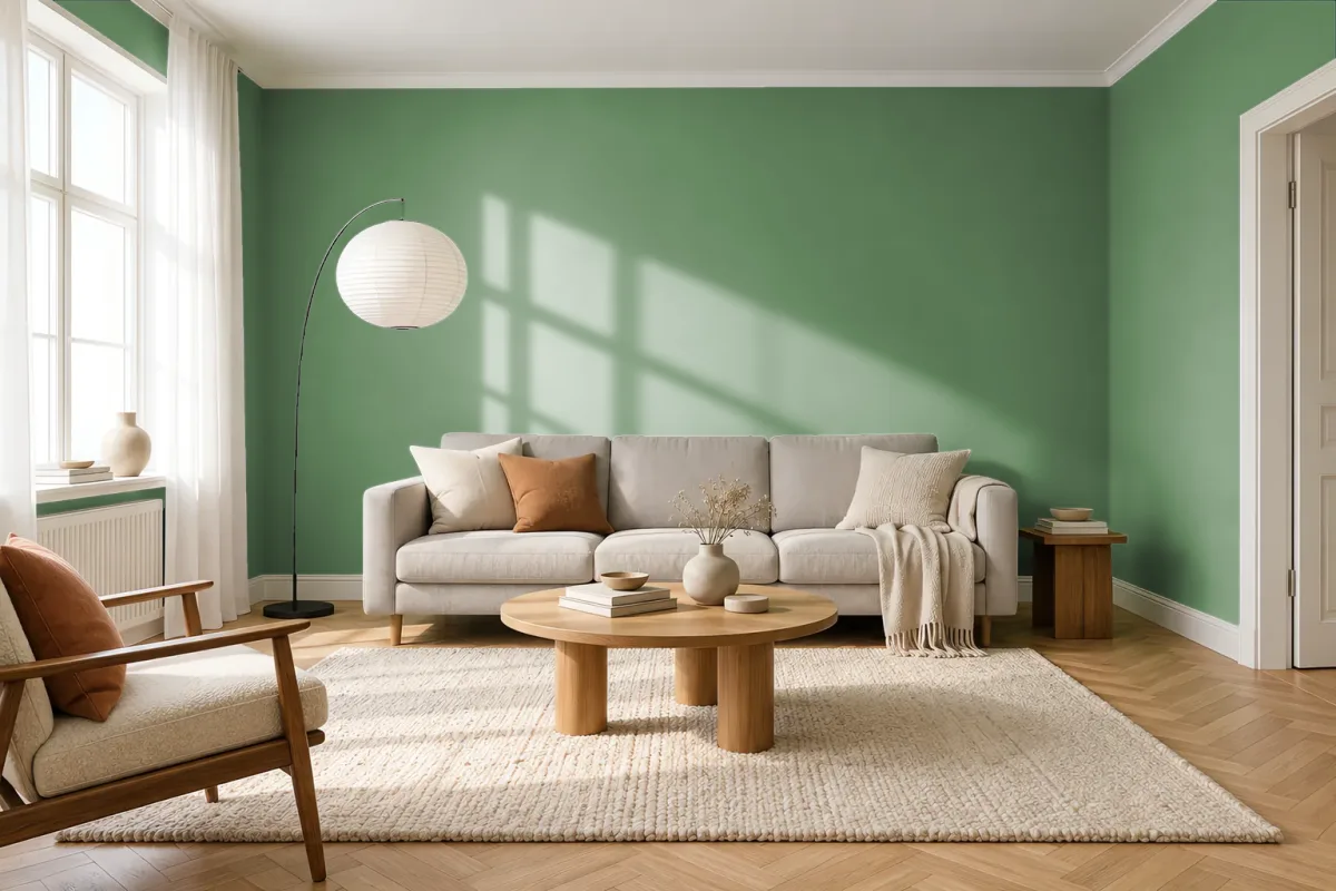 Краска PANTONE 17-0119 Turf Green — гостиная в скандинавском стиле
