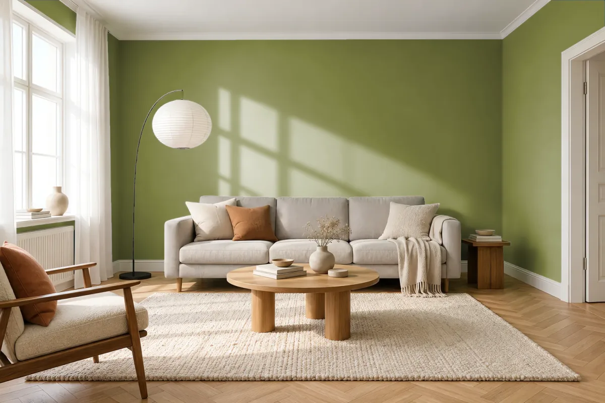 Краска PANTONE 17-0330 Turtle Green — гостиная в скандинавском стиле
