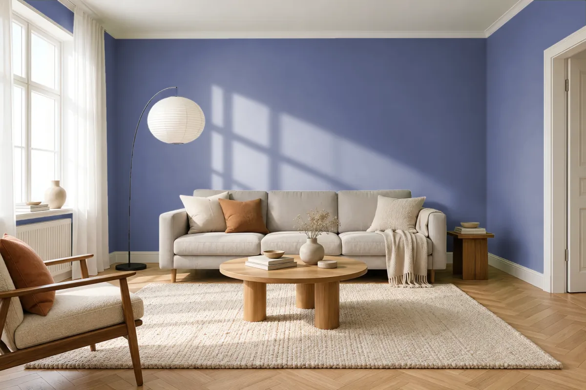 Краска PANTONE 18-3820 Twilight Purple — гостиная в скандинавском стиле