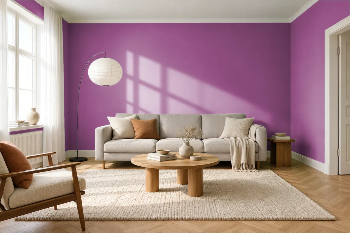 Краска PANTONE 18-3339 Vivid Viola — гостиная в скандинавском стиле