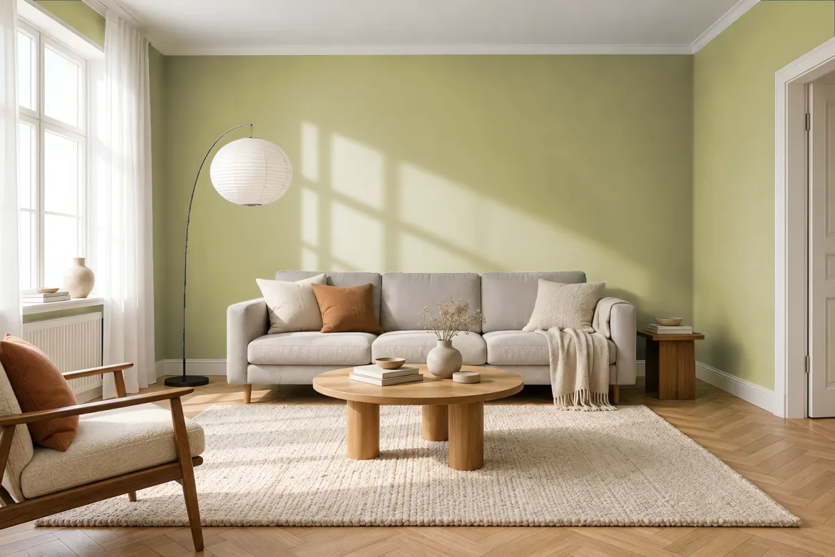 Краска PANTONE 15-0525 Weeping Willow — гостиная в скандинавском стиле