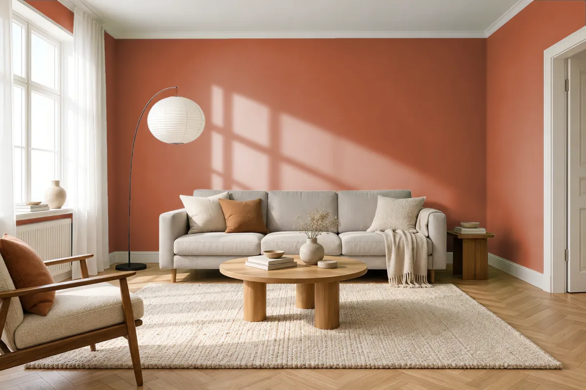 Краска PANTONE 1675 C — гостиная в скандинавском стиле